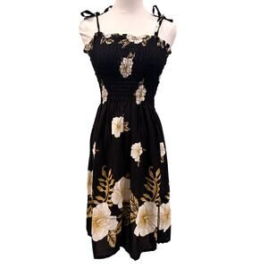 Hibiscus Collection Black Hawaii Floral Smocked Mini Dress One Size Vacation